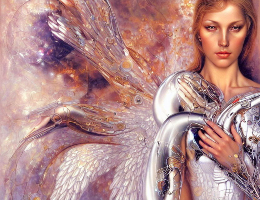 Female Figure with Mechanical Arms and White Wings in Cosmic Setting