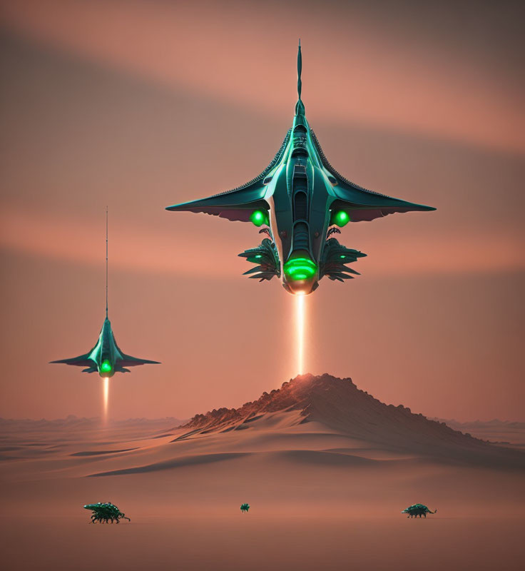 Alien spacecraft emitting green beam in desert sunset landscape