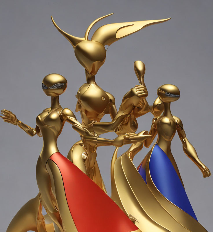 Four golden futuristic figures in red and blue cloaks on grey backdrop