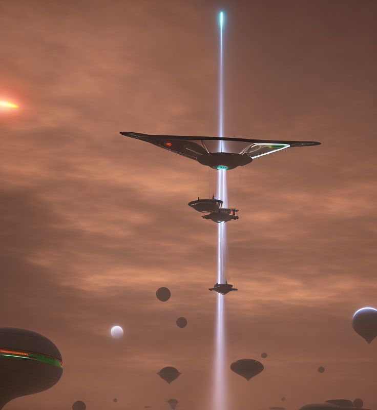 Futuristic spacecraft emitting light in orange sky with floating structures