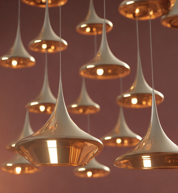 Inverted trumpet-like pendant lights on soft red background