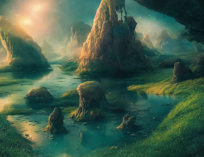 Mystical landscape with towering rock formations and serene river