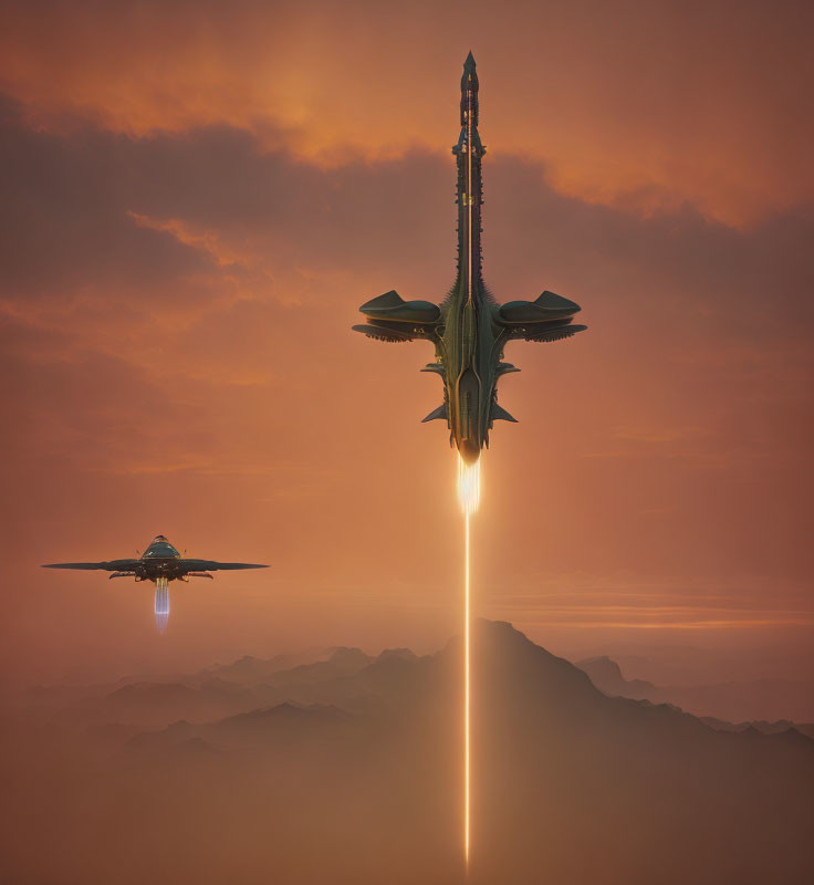 Futuristic aircraft in cloudy orange sky with bright beam.