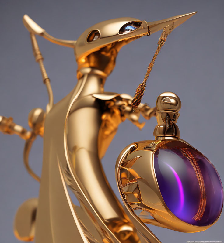 Golden robot with elongated head and purple orb on beige backdrop