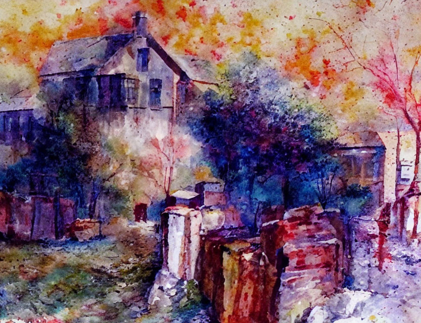 Vibrant watercolor painting of rustic house and autumn trees