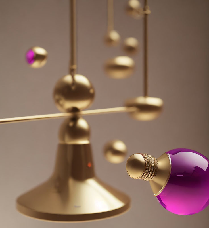 Metallic gold rods and spheres with purple glass orb in modern mobile sculpture