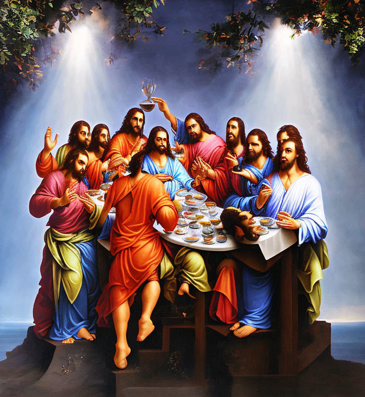 Group of Figures around Table with Plates and Cup under Beams of Light