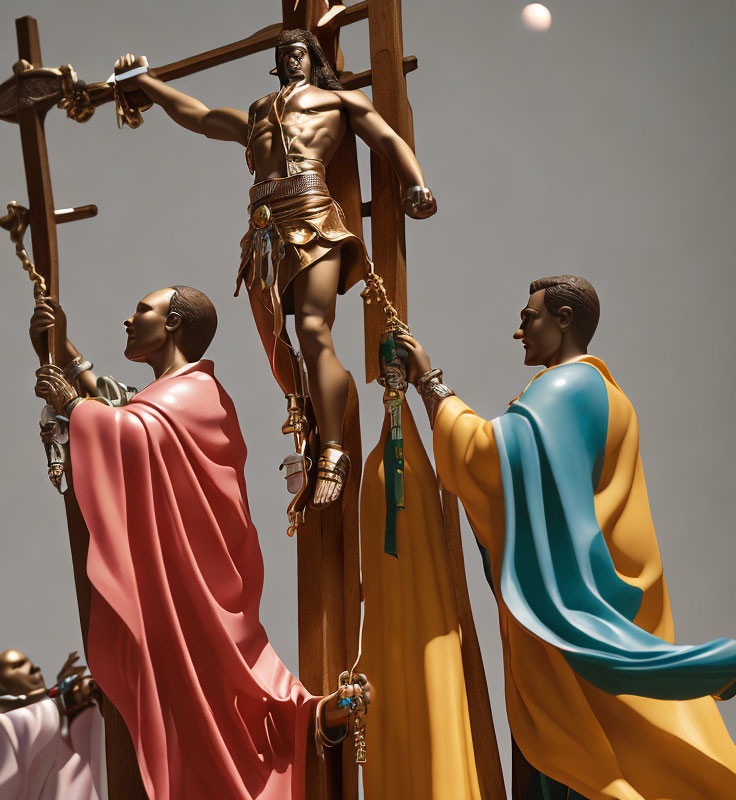 Colorful Crucifixion Statues with Two Figures in Robes