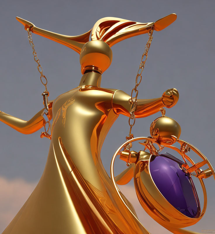 Golden humanoid figure holding balanced scale with purple and golden spheres