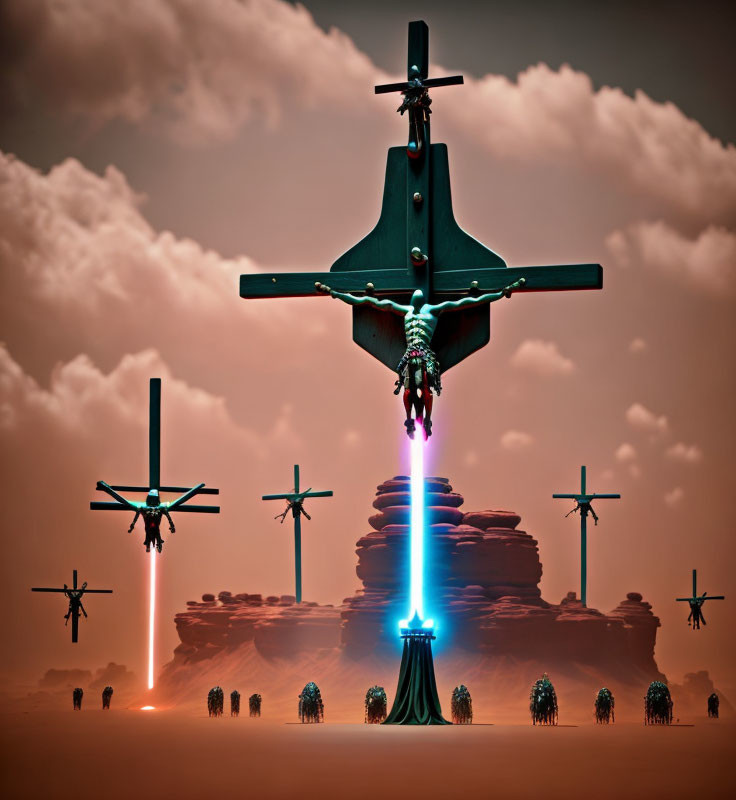 Futuristic aircraft hover over desert landscape emitting light beams