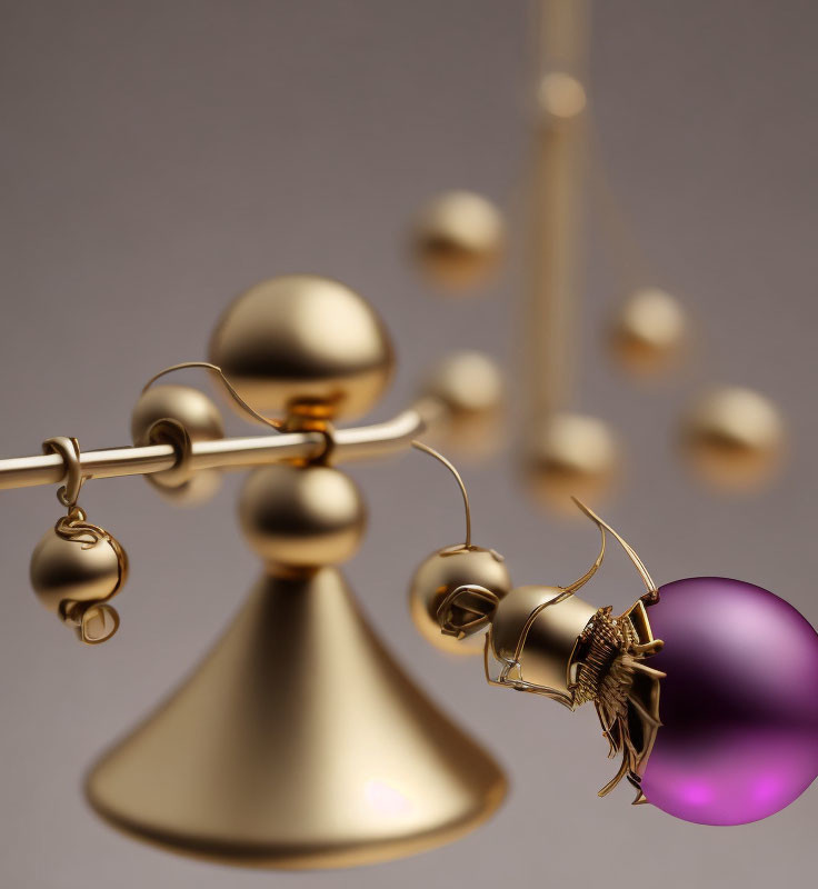 Close-up of balance scale with golden and purple spheres on one side, tipping against neutral background