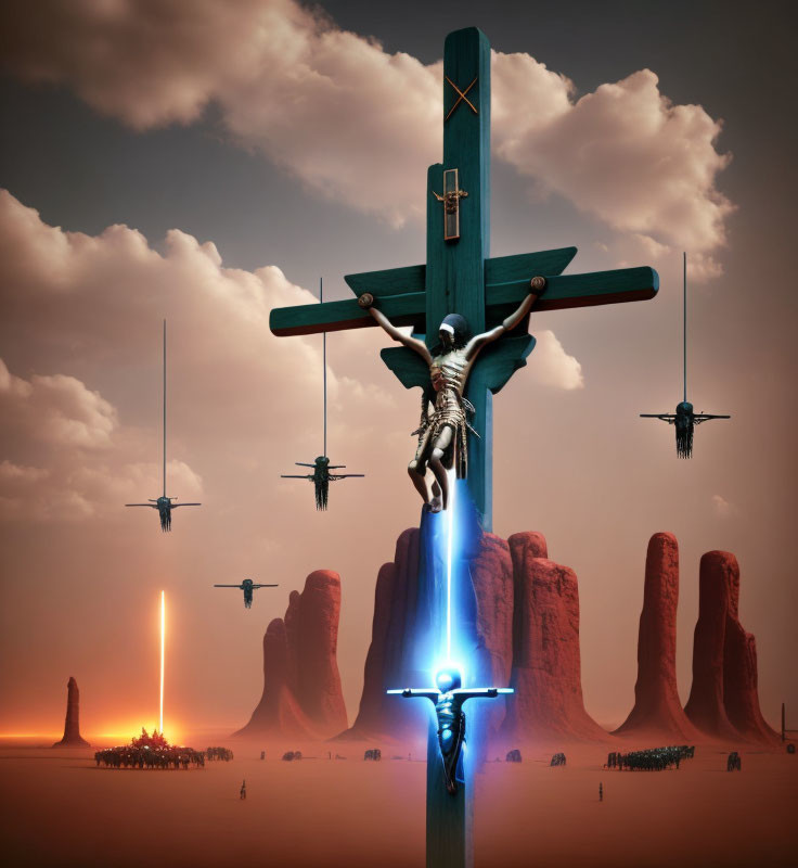 Surreal desert landscape with large cross, humanoid figure, futuristic aircrafts, and troops under orange