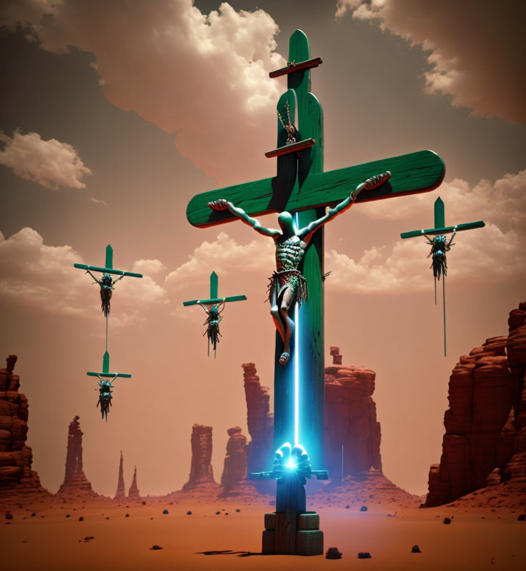 Surreal image of giant green cactus cross with humanoid figure and flying cacti in desert