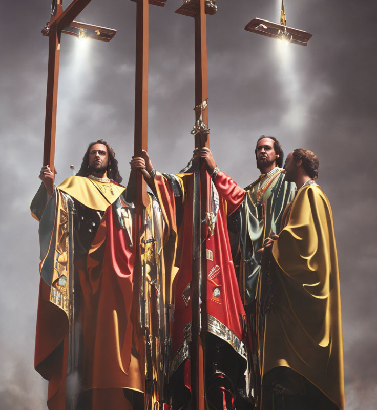 Three people in medieval attire with ornate banners under dramatic sky