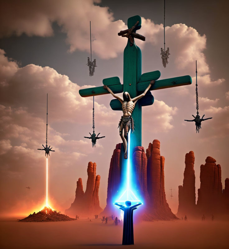 Surreal image of figures on turquoise crosses in red rock landscape