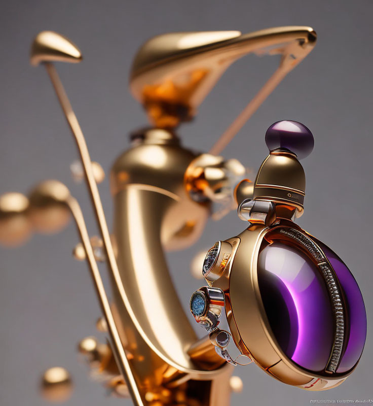 Golden mechanical structure with abstract shapes and purple glass elements in surreal 3D rendering