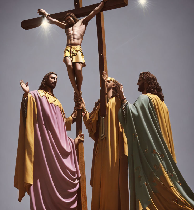 Religious scene: Jesus statue on cross with disciples in colorful robes