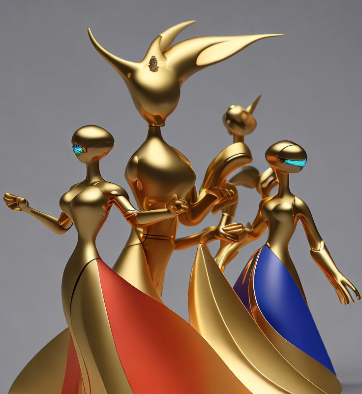 Golden humanoid figures with blue visors and a larger figure with a headpiece on gray background