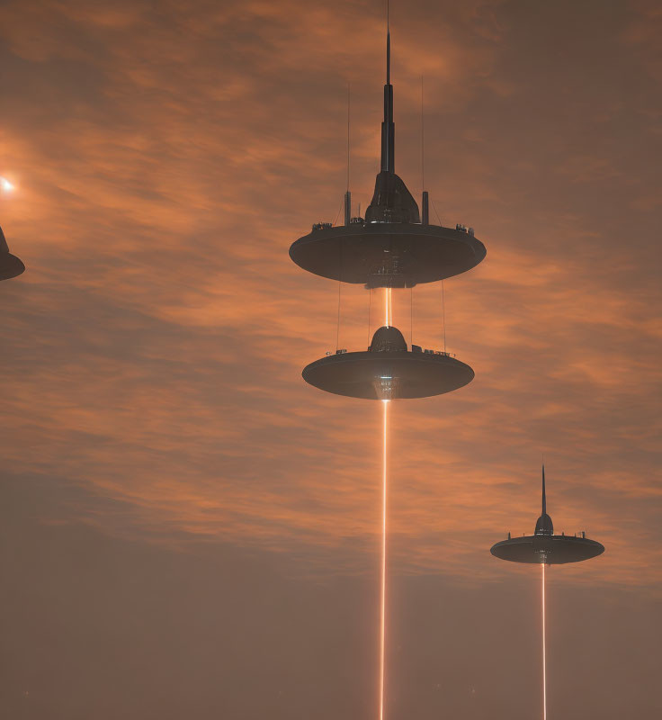 Three UFOs Emitting Beams of Light in Orange Sky