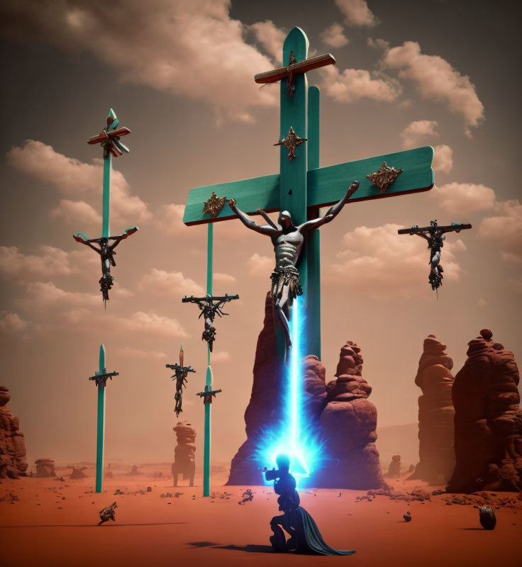 Surreal desert landscape with floating crosses and glowing figure.