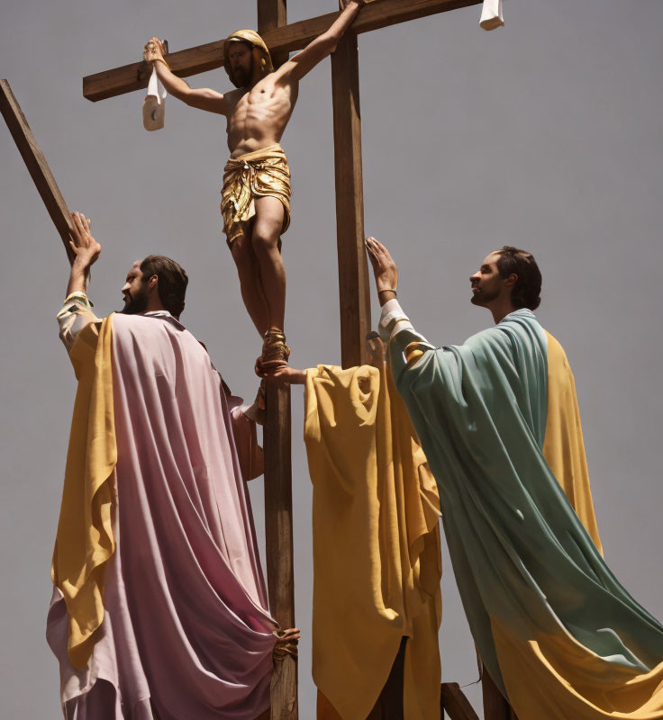 Historical clothing: Three individuals in biblical crucifixion scene