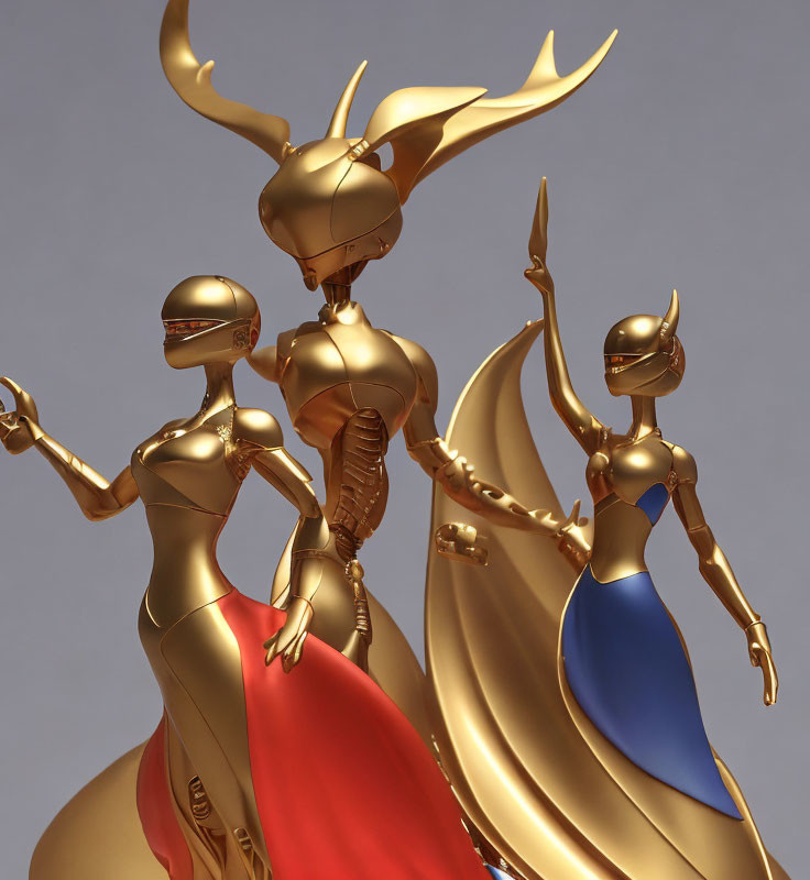 Stylized golden figures in dynamic poses on tan background