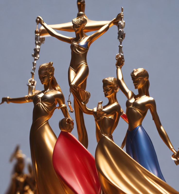 Golden statues of female figures symbolizing justice with scales and colored drapes on blue background