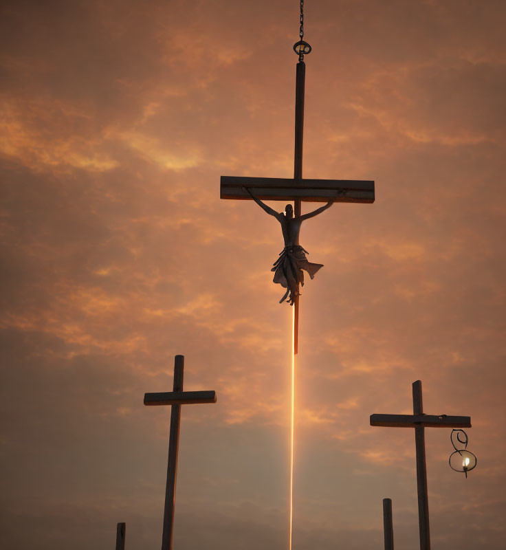 Religious painting of three crosses in an orange sky with central cross depicting Jesus.