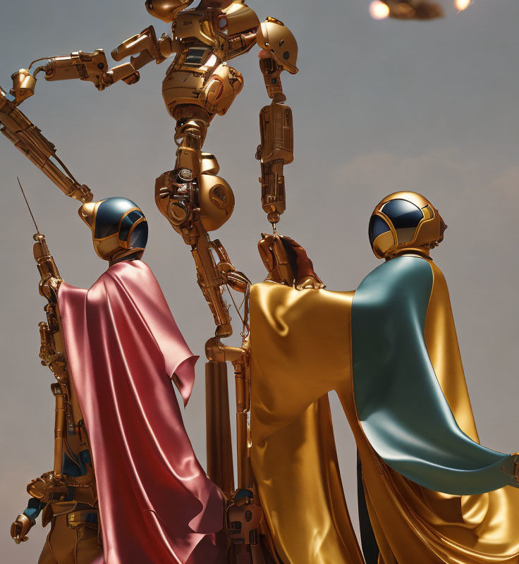 Luxurious Pink and Gold Cloaked Futuristic Robots Under Warm Sky