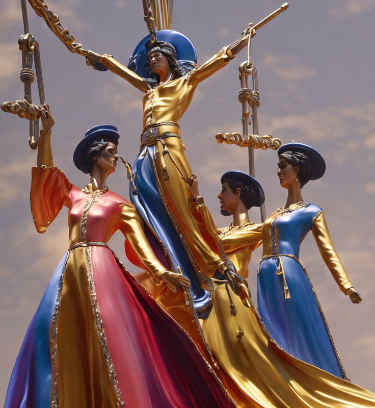 Three Women Statues with Swords in Flowing Dresses under Blue Sky