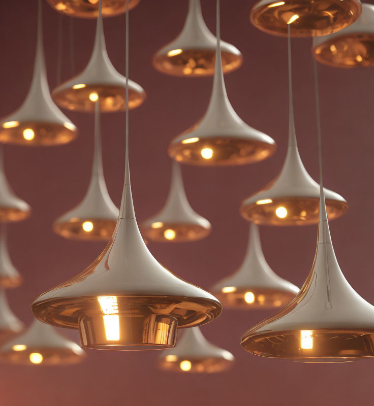 Modern pendant lights in inverted cone shape with copper finish on soft red backdrop