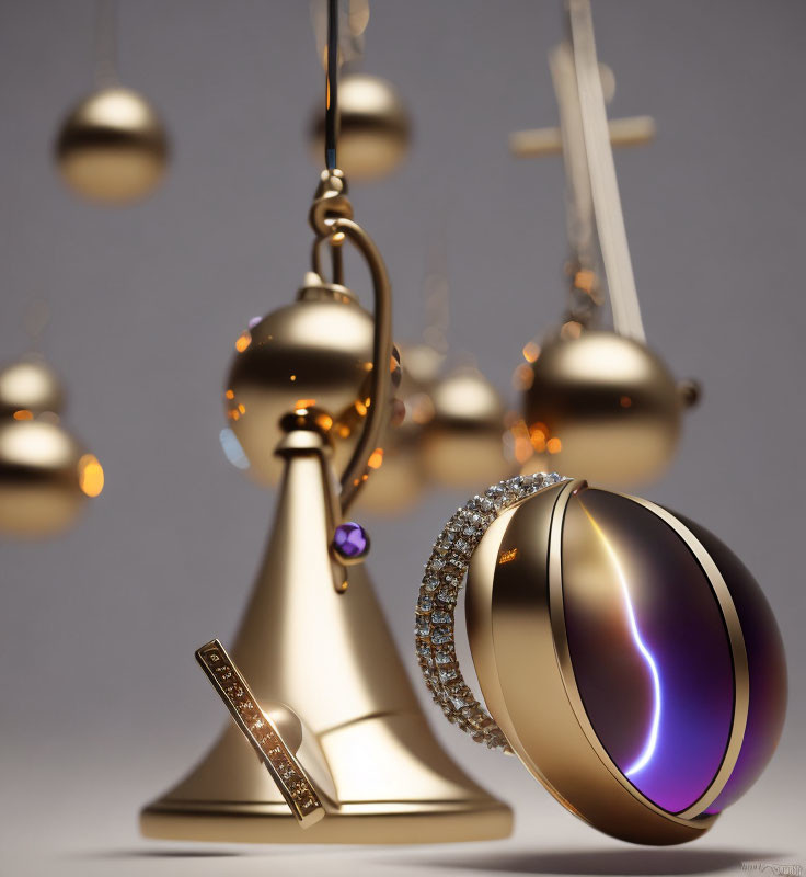 Luxurious Gold and Purple Christmas Baubles on Grey Background