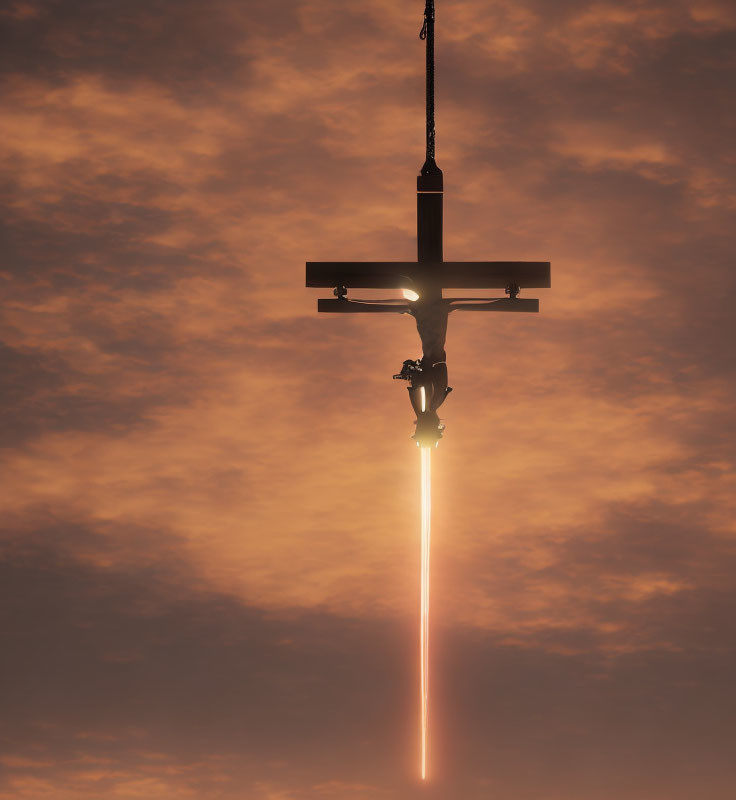 Rocket launch at sunset with crucifix silhouette: dramatic and symbolic composition