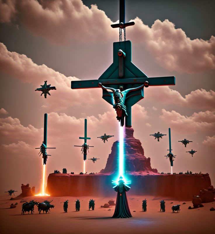 Surreal desert landscape with large crucifix-like structure, cattle, flying crosses, and beams of