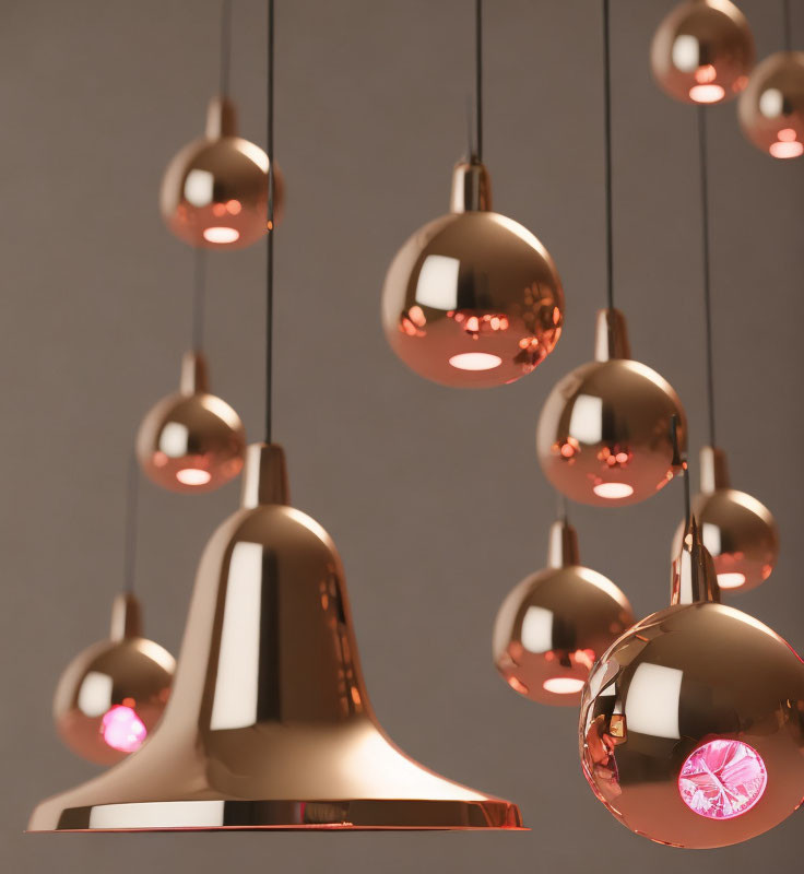 Contemporary Interior with Varying Sizes of Rose Gold Pendant Lights