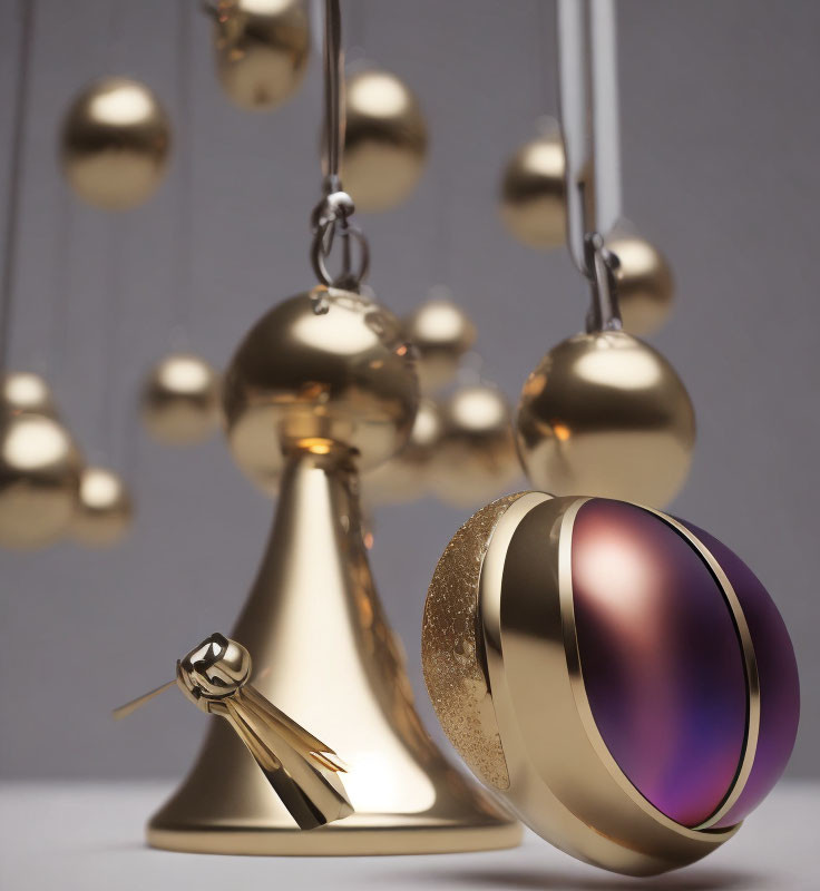 Golden Baubles and Bells on Grey Background with Colorful Interior