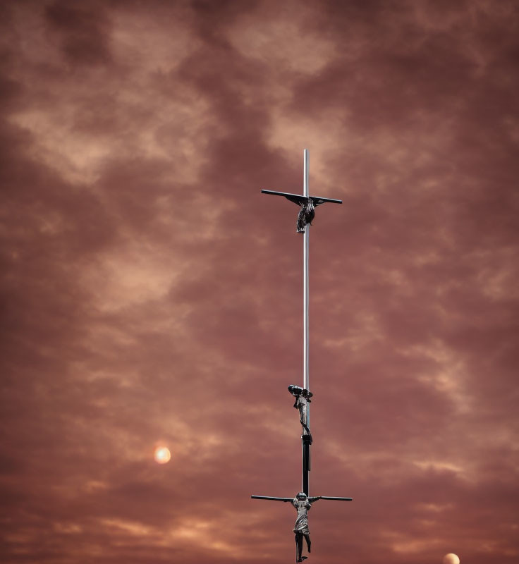 Orange Sunset Sky with Vertical Pole and Symmetrical Birds