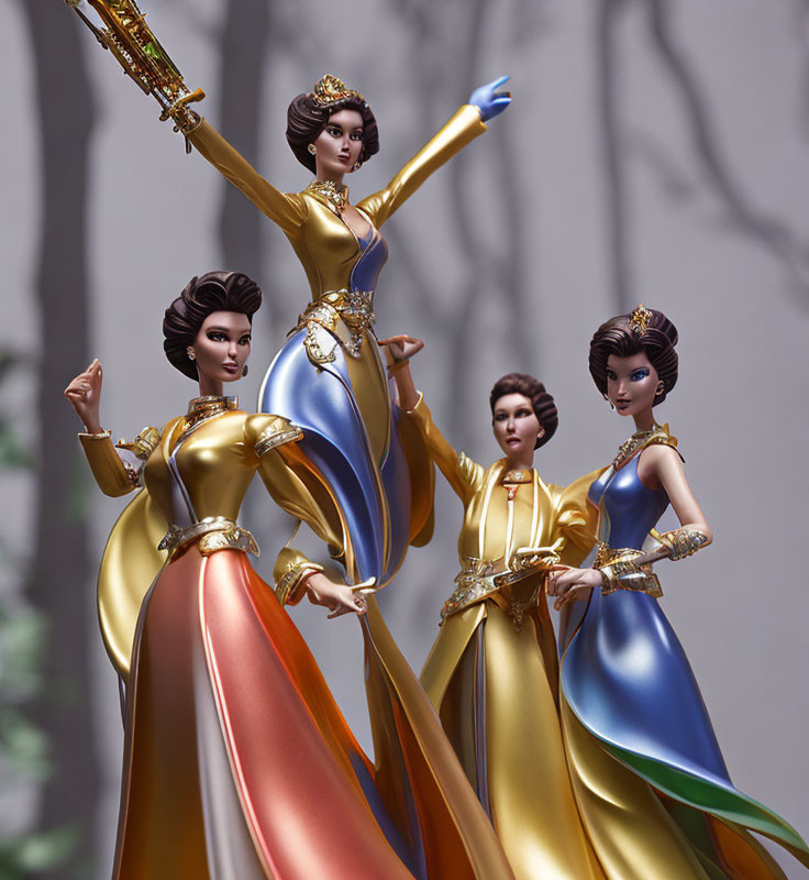 Animated female characters in medieval dresses and crowns pose heroically in forest setting