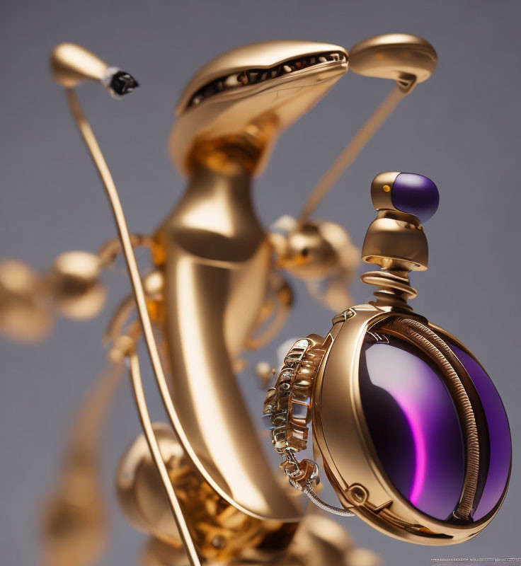 Close-up of abstract golden sculpture with purple-tinted lens and mechanical elements on gray background