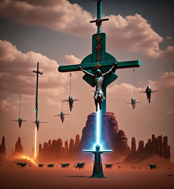 Surreal humanoid figures on crosses in desert landscape