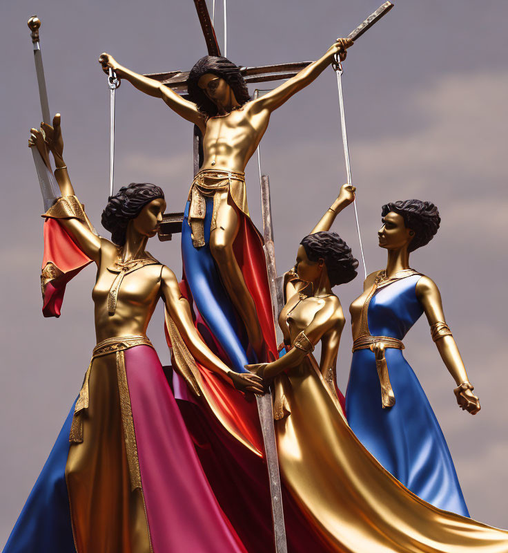 Three women in flowing gowns around central figure on cross under dramatic sky