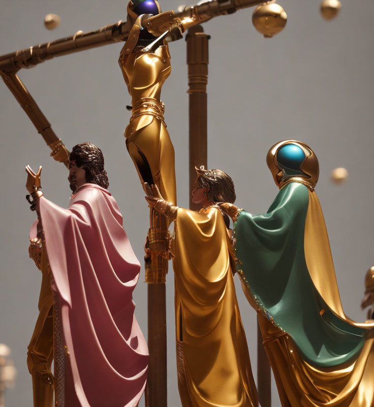 Golden and colorful statues reaching for a spherical object in a mythical setting