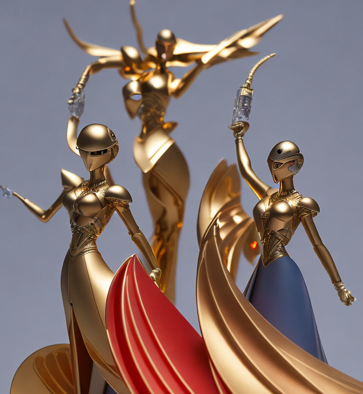 Futuristic golden and silver humanoid figures in artistic poses