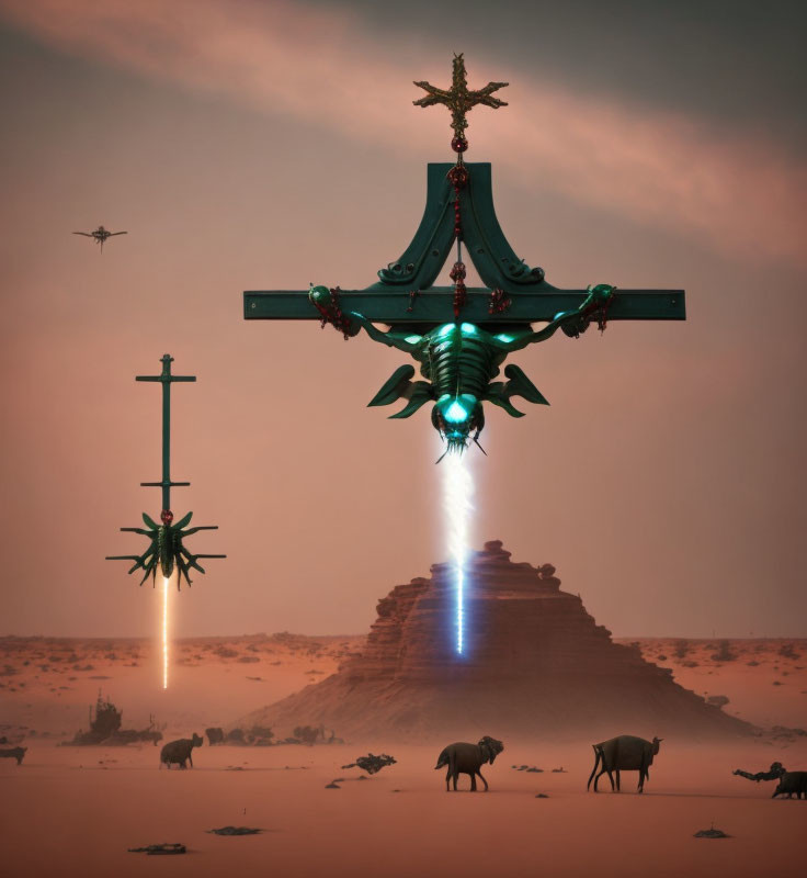 Futuristic drone with ornate wings over desert landscape