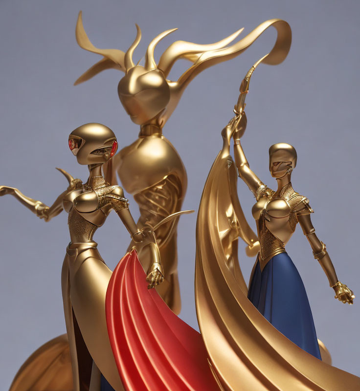 Stylized female figures in gold and blue with flowing capes and dramatic poses