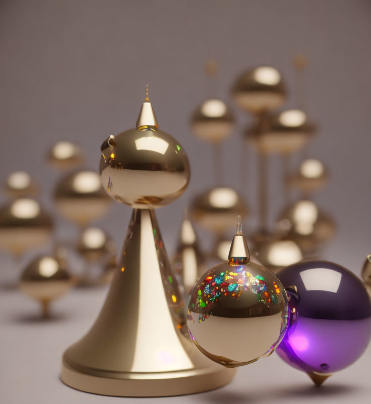 Modern Gold and Purple Baubles on Neutral Background