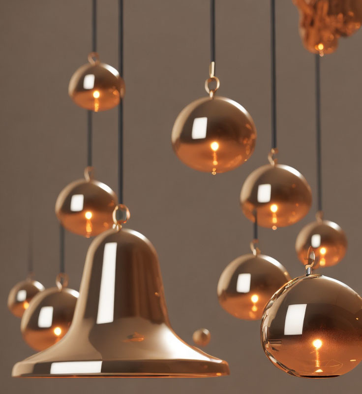 Shiny Golden Bells and Spheres on Monochromatic Background