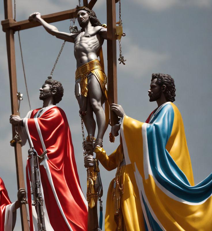 Religious statue of crucified figure in golden shorts with two robed figures in red and blue under