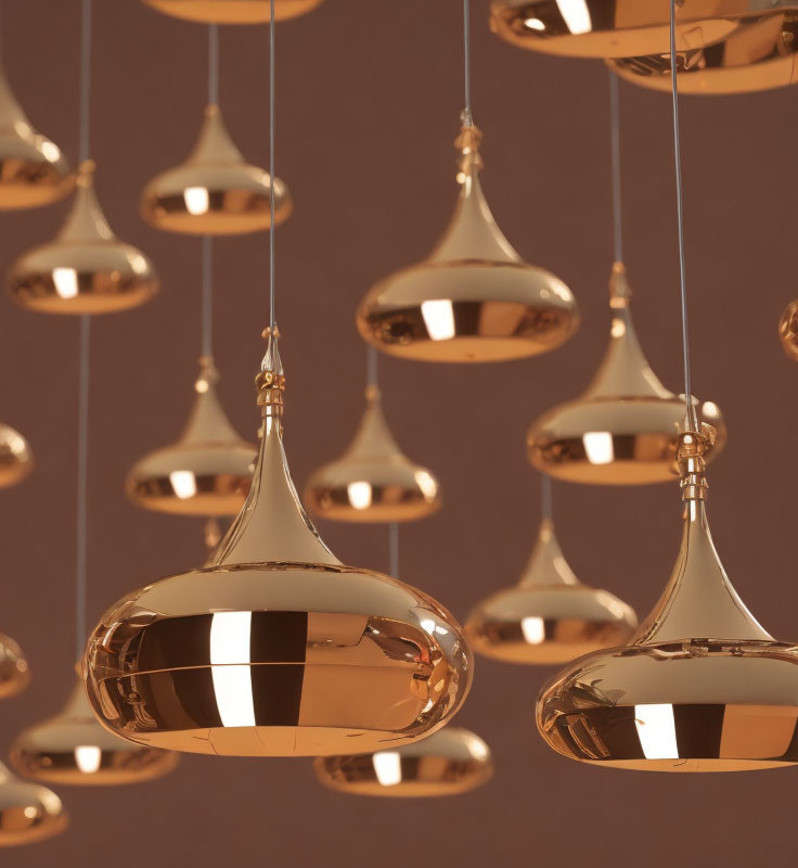 Golden Droplet-Shaped Pendants on Brown Background with Modern Design