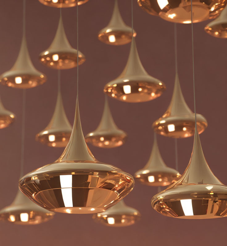 Reflective copper pendant lights on soft pink background